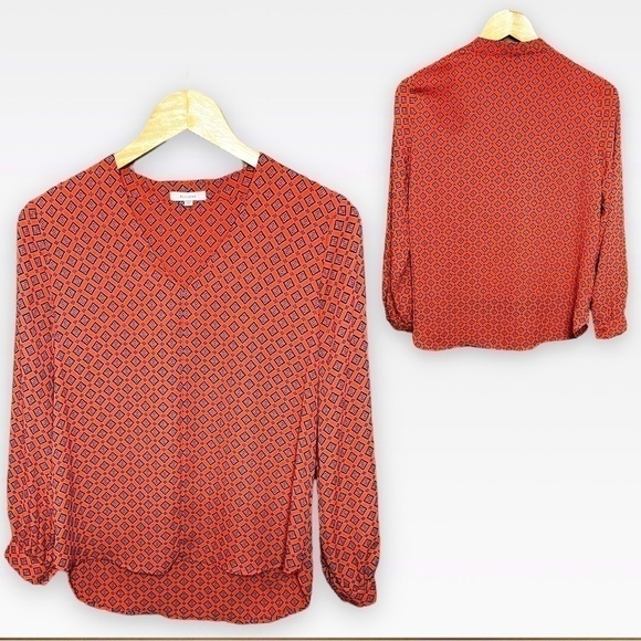 Pleione Coral And Navy Print V-Neck Blouse, Size X-Small Petite - Picture 3 of 7